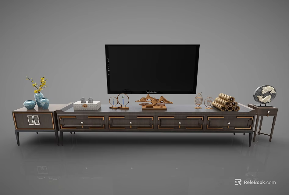 Modern TV Stand Design With Flat Screen TV Decorative Ornaments And Ceramic Vases 3d model 