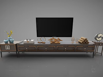 Modern TV Stand Design With Flat Screen TV Decorative Ornaments And Ceramic Vases 3d model