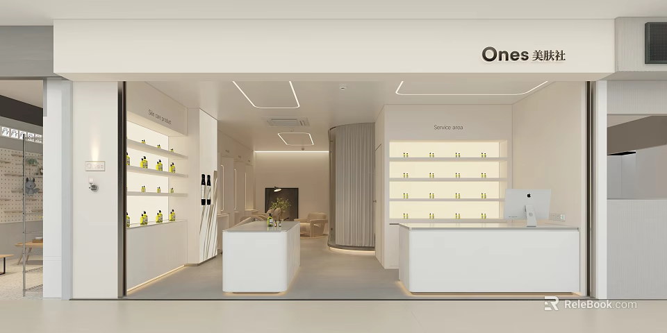 Ones Beauty Store Modern Minimalist Interior With White Shelves Beauty Products And Front Counter 3d model 