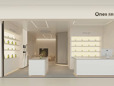 Ones Beauty Store Modern Minimalist Interior With White Shelves Beauty Products And Front Counter 3d model