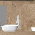Bathroom Interior Design With White Freestanding Bathtub Red Petals Concrete Walls And Arched Details