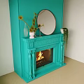 Turquoise Fireplace With Ornate Carvings Burning Flames And Potted Plants Above Mirror