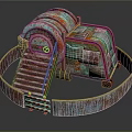 Rusted Metal Industrial Structure With Copper Patina Circular Platform And Staircase