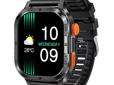 Smartwatch Black Sporty Design With Time Date Weather Temperature Display And Power Sport Buttons 3d model