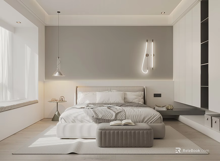 Modern Minimalist Bedroom Interior With Bed Upholstered Ottoman Wall Sconces And Built In Cabinets 3d model 