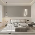 Modern Minimalist Bedroom Interior With Bed Upholstered Ottoman Wall Sconces And Built In Cabinets