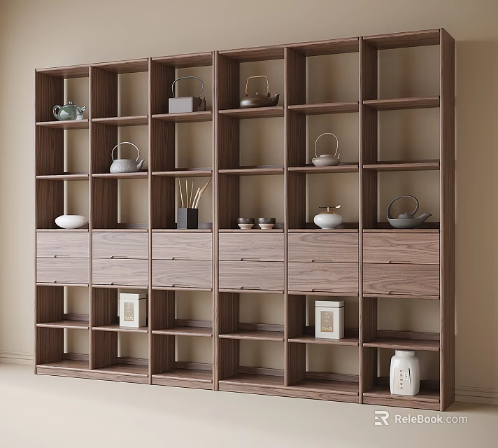 Wooden Display Shelf With Multiple Compartments Drawers Tea Sets And Photo Frames 3d model 