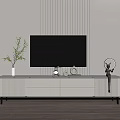 Modern White TV Stand Interior With TV Decorative Items And Striped Wall