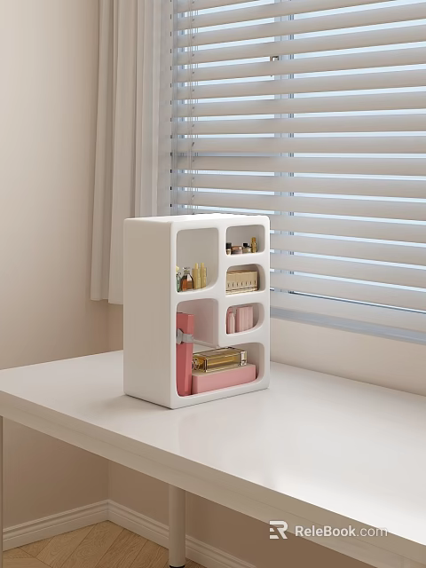 White Cosmetic Organizer With Perfumes On White Table By Window 3d model