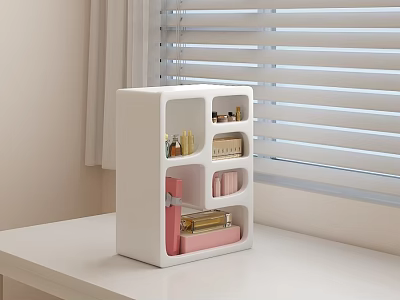 White Cosmetic Organizer With Perfumes On White Table By Window 3d model