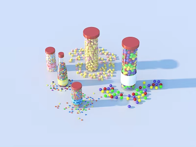 Household Storage Bottles With Red Lids Holding Colorful Beads And Scattered Particles 3d model