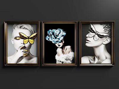 Three Framed Portrait Paintings With Butterfly Flower And Stylish Decorative Elements 3d model