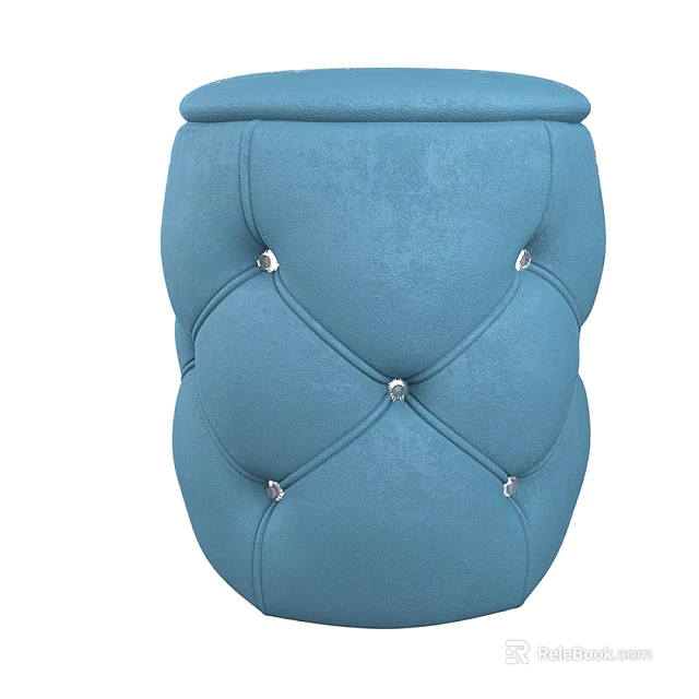 Modern Blue Upholstered Ottoman With Diamond Stitching And Silver Button Accents 3d model