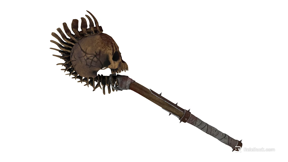 Spiked Skull Weapon With Wooden Handle Leather Wrap and Decorative Spikes 3d model 