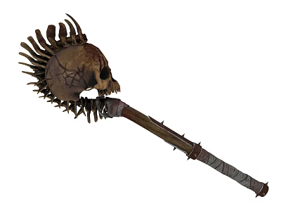 Spiked Skull Weapon With Wooden Handle Leather Wrap and Decorative Spikes 3d model