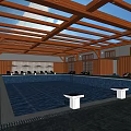 Indoor Swimming Pool With Wooden Roof Structure White Pedestals And Lounge Chairs