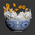 Orange Donuts Splashing in White Milk with Blue and White Patterned Bowl
