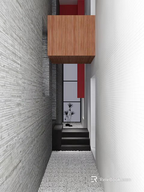 Modern Corridor With Gray Brick Wall White Wall Black Stairs And Wooden Ceiling 3d model 