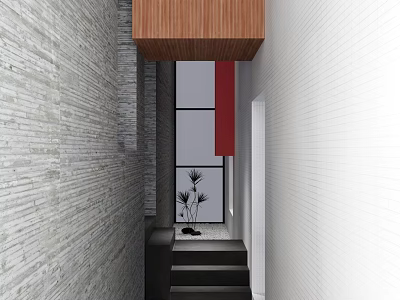 Modern Corridor With Gray Brick Wall White Wall Black Stairs And Wooden Ceiling 3d model