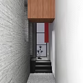 Modern Corridor With Gray Brick Wall White Wall Black Stairs And Wooden Ceiling
