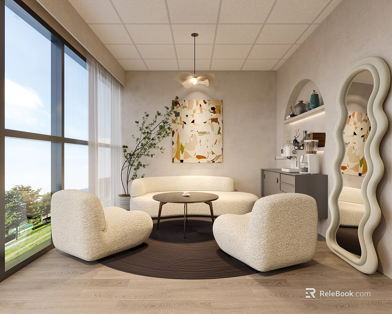 Modern Spa Lounge With Cozy Seating And Large Windows 3d model