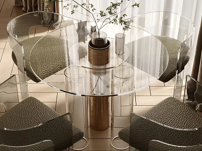 Modern Transparent Glass Round Dining Table Set With Metal Column And Woven Texture Chairs 3d model