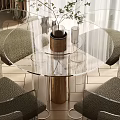 Modern Transparent Glass Round Dining Table Set With Metal Column And Woven Texture Chairs