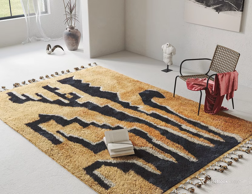Square Rug with Yellow Black Geometric Pattern and Tassel Edges in Modern Living Room 3d model 