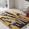 Square Rug with Yellow Black Geometric Pattern and Tassel Edges in Modern Living Room