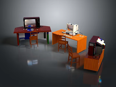 Red Orange Brown Computer Desk Setups with Monitor Chair and Unit 3d model
