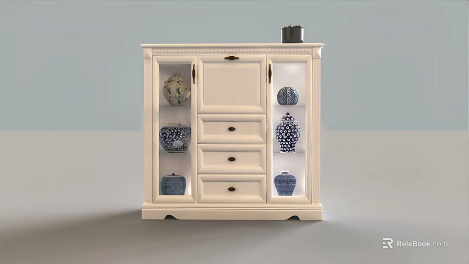 Traditional White Display Cabinet With Drawers Glass Doors And Blue White Decorative Vases 3d model 
