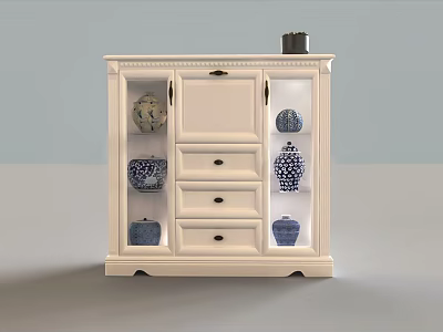 Traditional White Display Cabinet With Drawers Glass Doors And Blue White Decorative Vases 3d model