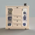 Traditional White Display Cabinet With Drawers Glass Doors And Blue White Decorative Vases
