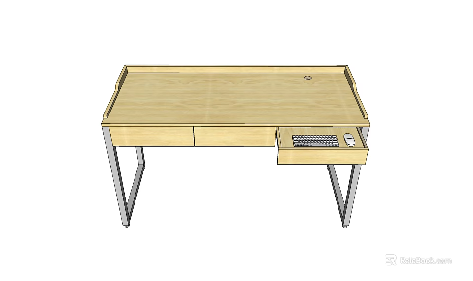 Wooden Office Desk With Metal Legs Cable Hole And Mesh Drawer 3d model 