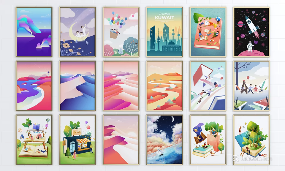 Colorful Illustration Wall Art Collection With Various Themes For Home Decor 3d model 