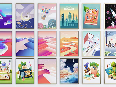Colorful Illustration Wall Art Collection With Various Themes For Home Decor 3d model