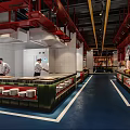 Vibrant Restaurant Interior With Red Walls Murals Yellow Pendant Lights And Colorful Chairs