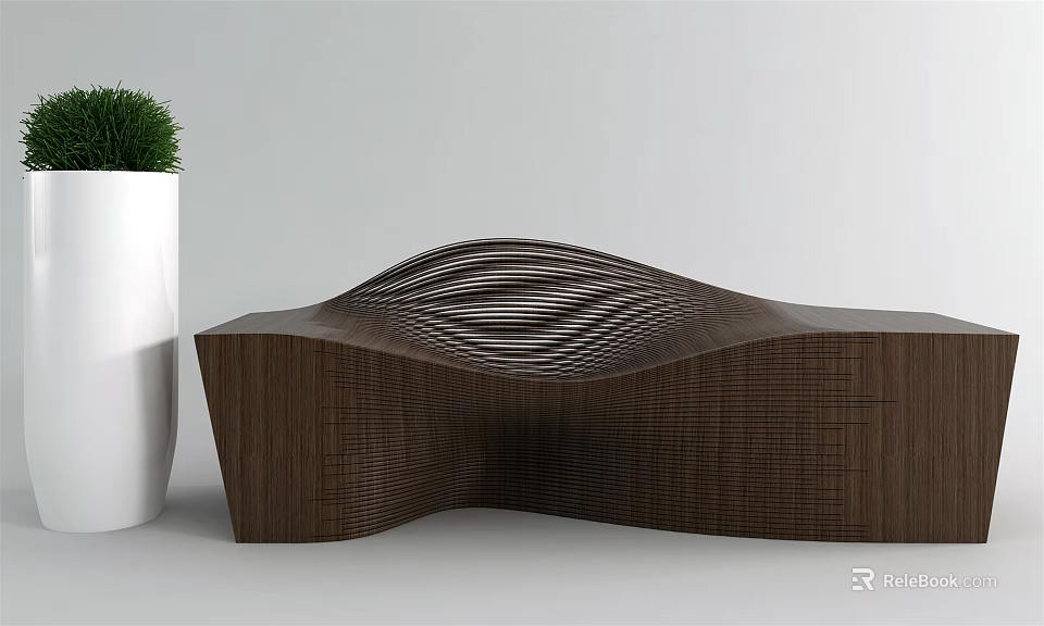 Modern Wooden Public Chair With Curved Design And White Planter Green Plant 3d model 