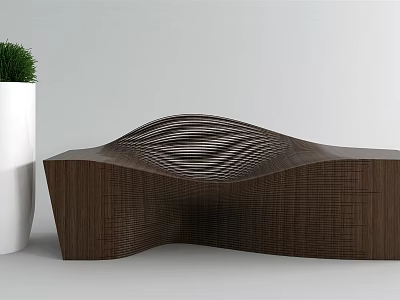 Modern Wooden Public Chair With Curved Design And White Planter Green Plant 3d model