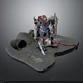 Exquisite Red White Blue Robot Figure Scene With Rock Base Green Plants Red Rope