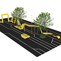 Stylish Yellow Modern Pergola Design With Trees Benches And Outdoor Paving