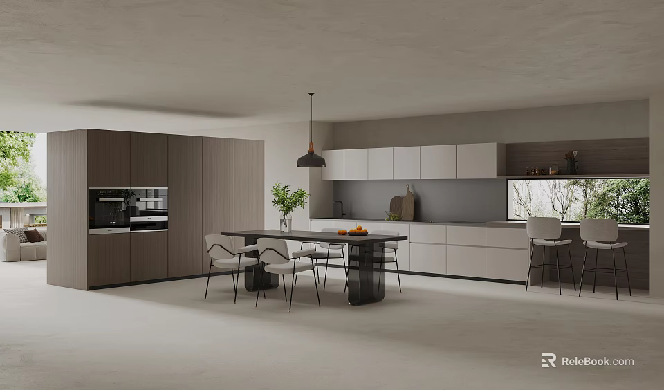 Modern Open Kitchen Interior With Island Counter Cabinets Dining Table And Chairs 3d model 