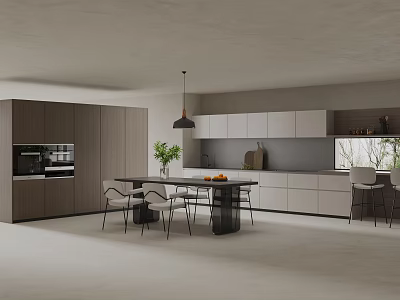 Modern Open Kitchen Interior With Island Counter Cabinets Dining Table And Chairs 3d model