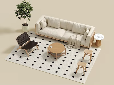 Modern Beige Sofa And Wooden Coffee Table Set With Accent Chair Stools And Rug 3d model