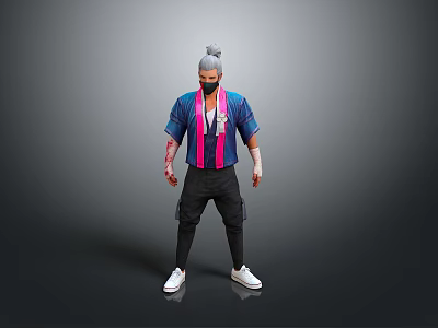 Stylish Character With Gray Hair Mask Blue Pink Striped Shirt Black Pants White Shoes 3d model