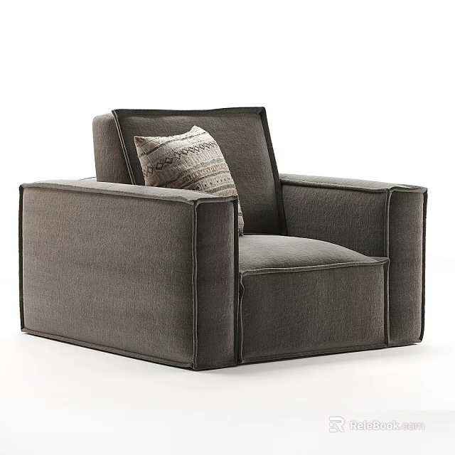 Modern Dark Gray Fabric Single Sofa With Square Arm And Patterned Accent Pillow 3d model 