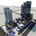 Modern Office Building With Tall Glass Curtain Walls Greenery On Top Lower Buildings And Plaza