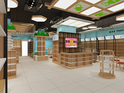 Food Specialty Store Interior With Bright Lighting Blue Walls Green Decor And Wooden Shelves 3d model