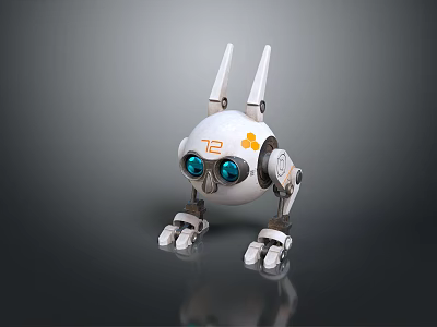 White Robot Rabbit With Long Ears Blue Eyes Orange Accents TB Logo And Mechanical Limbs 3d model