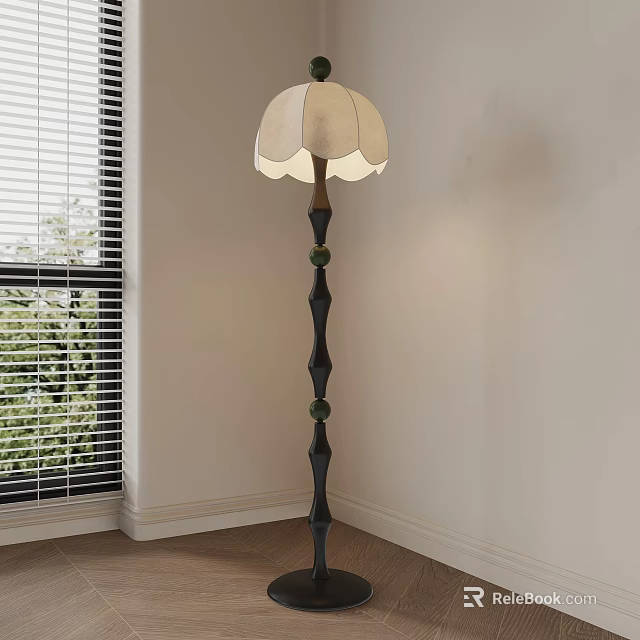 Modern Floor Lamp with Beige Pleated Lampshade Black Geometric Pole Green Bead Accents 3d model 